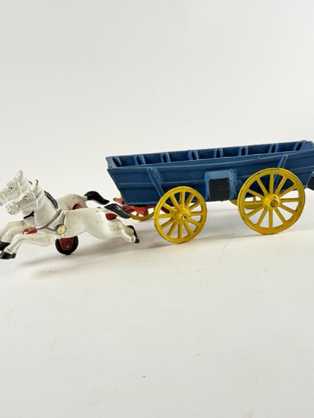 Vintage Cast Iron Horse Drawn Blue Wagon Painted Yellow Metal Wheels